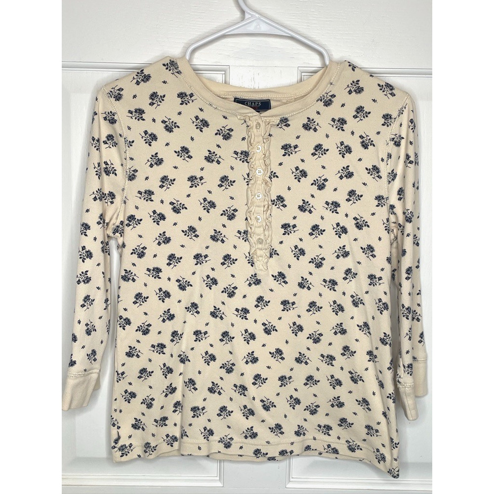 Chaps Women's Ruffle Trim Henley Top Sz M 3/4 Sleeve Cottagecore Floral Prairie